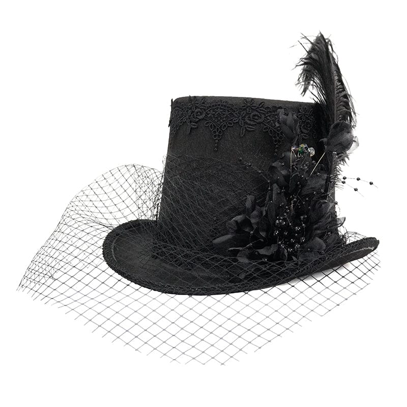 DEVIL FASHION Unisex Gothic Noir Floral Feather Top Hat with Net Veil