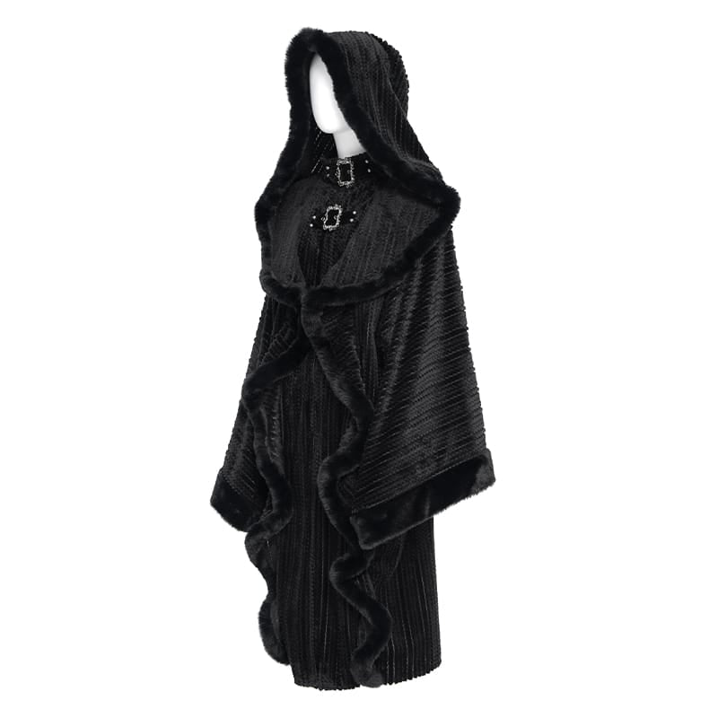 DEVIL FASHION Women Gothic Faux Fur Trim Witch Hooded Long Coat