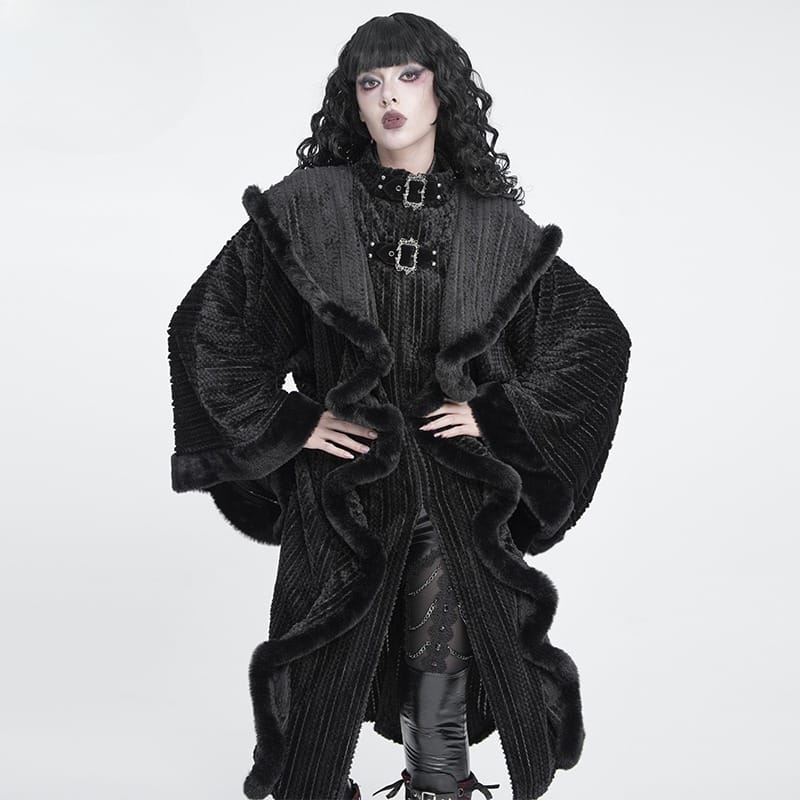 DEVIL FASHION Women Gothic Faux Fur Trim Witch Hooded Long Coat