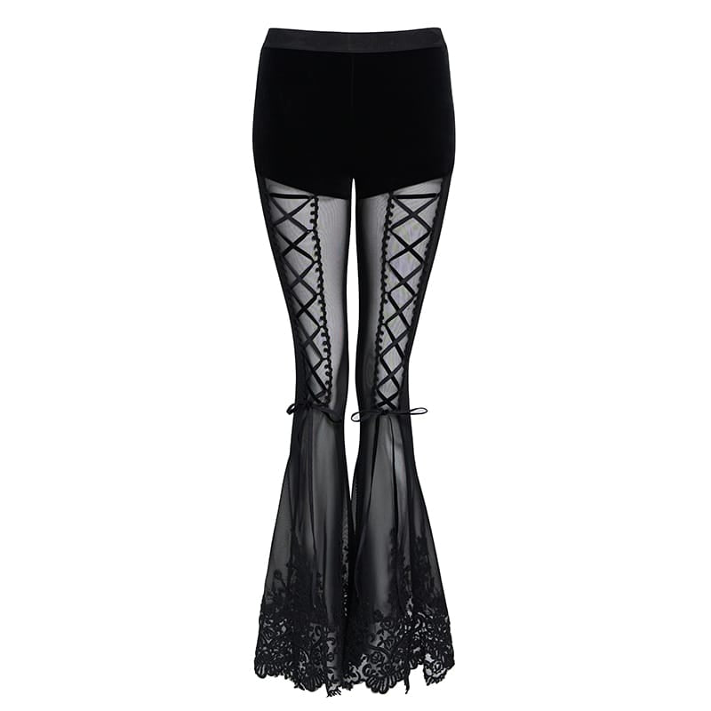 DEVIL FASHION Women's Goth Floral Lace Sheer Bell-bottoms