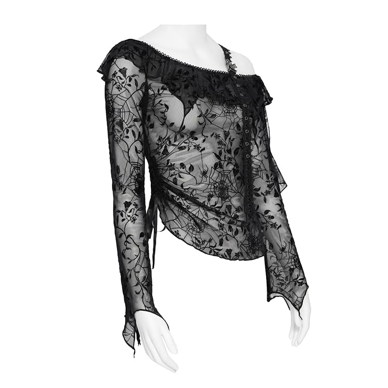 DEVIL FASHION Women's Gothic Asymmetric Floral Cobweb Mesh Top