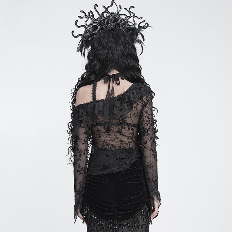 DEVIL FASHION Women's Gothic Asymmetric Floral Cobweb Mesh Top