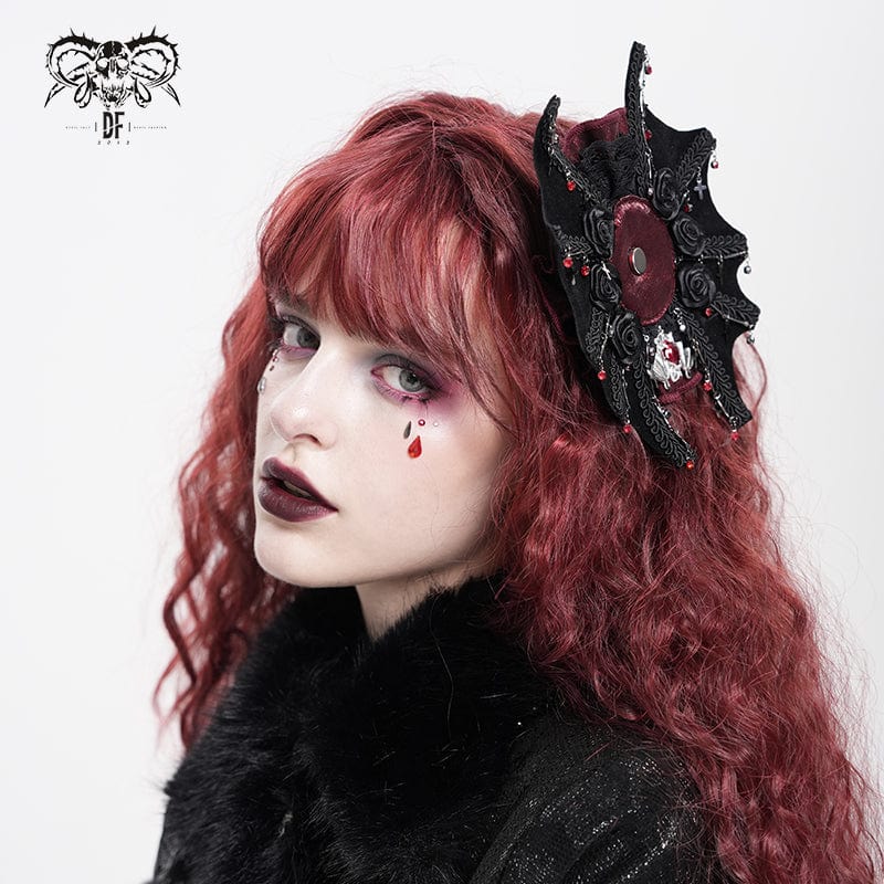 DEVIL FASHION Women's Gothic Bat Rose Cross Hair Clip Badge Holder