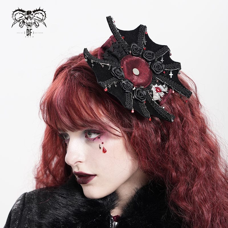 DEVIL FASHION Women's Gothic Bat Rose Cross Hair Clip Badge Holder