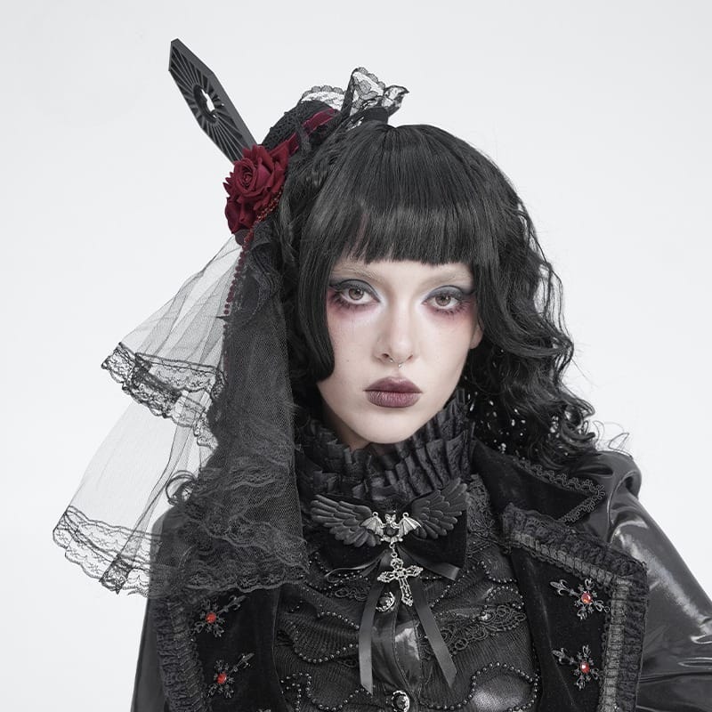 DEVIL FASHION Women's Gothic Beaded Rose Tulle Veil Mini Top Hat