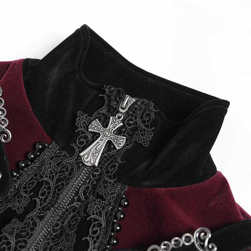 DEVIL FASHION Women's Gothic Beaded Trim Buckle Strap Zip Jacket Black