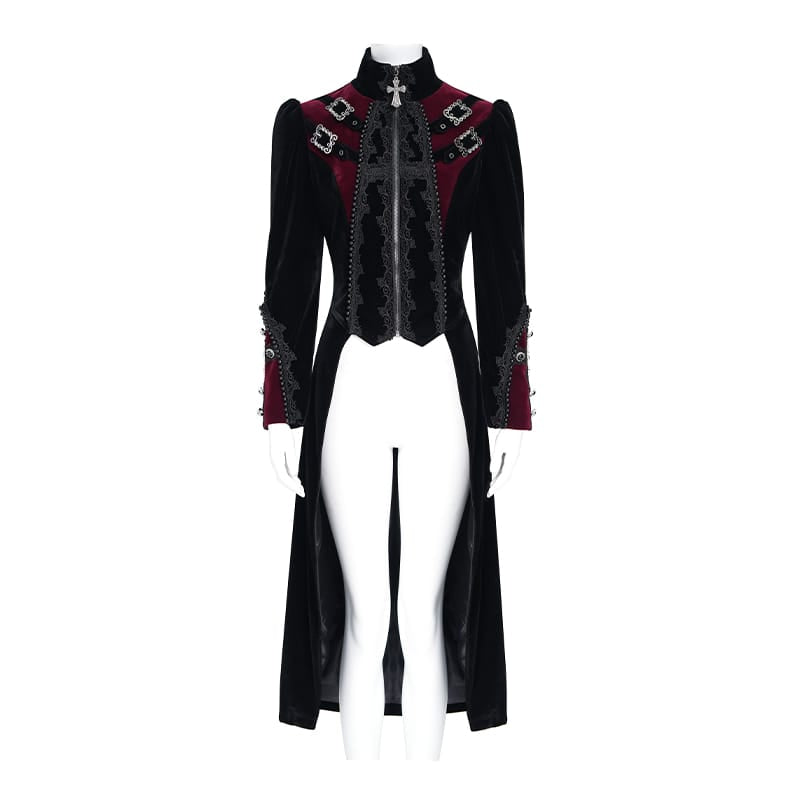DEVIL FASHION Women's Gothic Beaded Trim Buckle Strap Zip Jacket Black