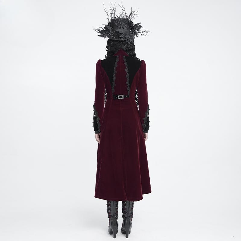 DEVIL FASHION Women's Gothic Beaded Trim Buckle Strap Zip Jacket Red