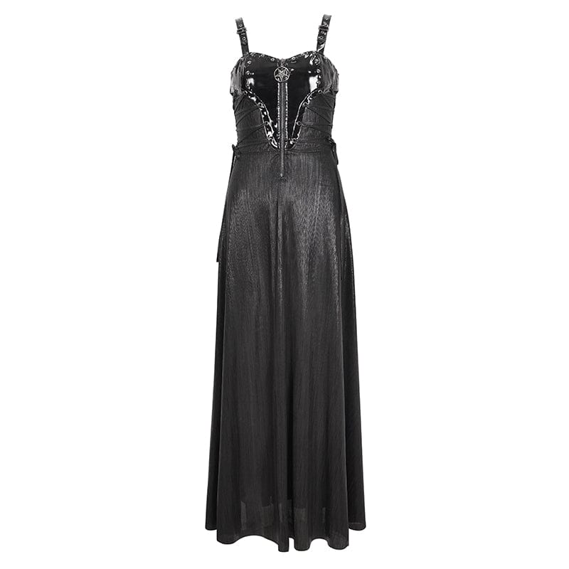 DEVIL FASHION Women's Gothic Buckle Strap Eyelets Maxi Dress