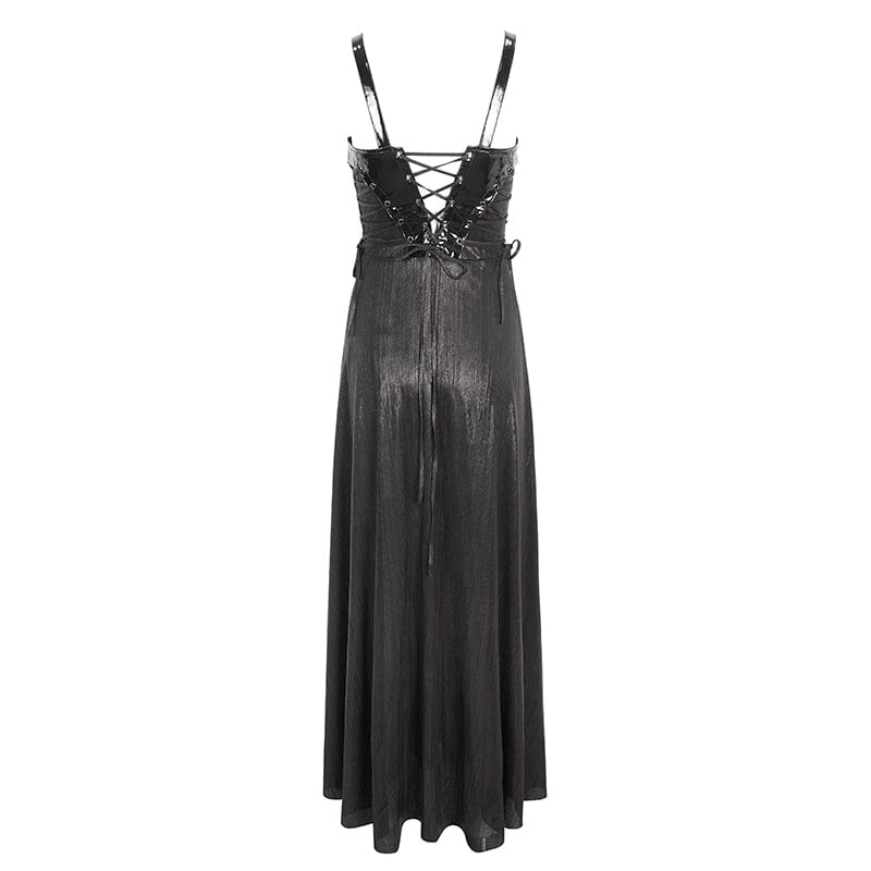 DEVIL FASHION Women's Gothic Buckle Strap Eyelets Maxi Dress