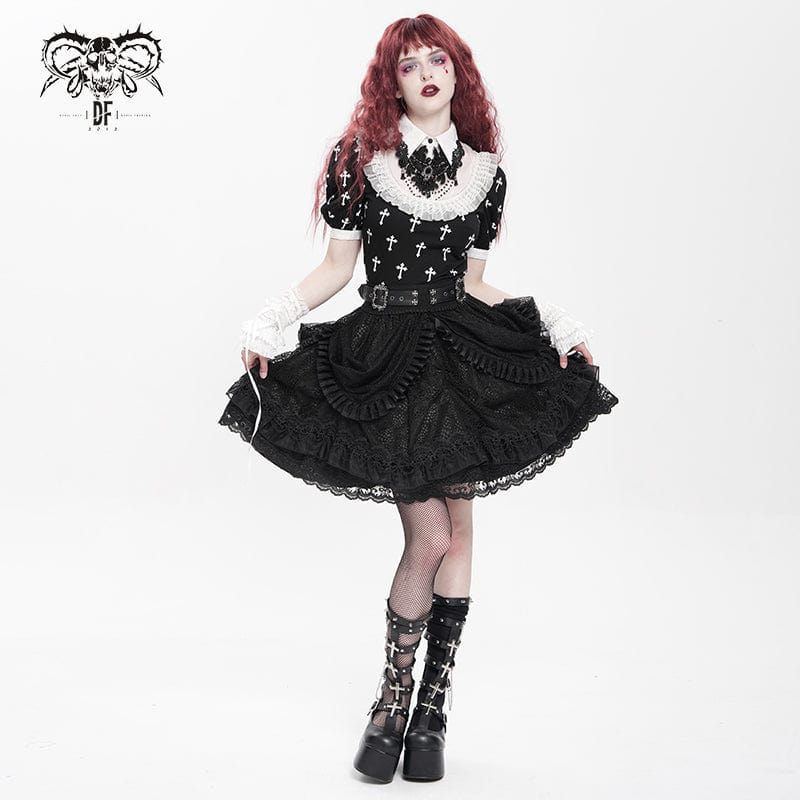 DEVIL FASHION Women's Gothic Buckle Strap Multilayer Hem Skirt Black