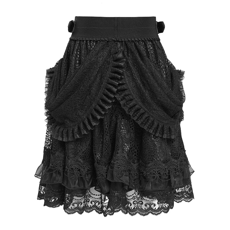 DEVIL FASHION Women's Gothic Buckle Strap Multilayer Hem Skirt Black