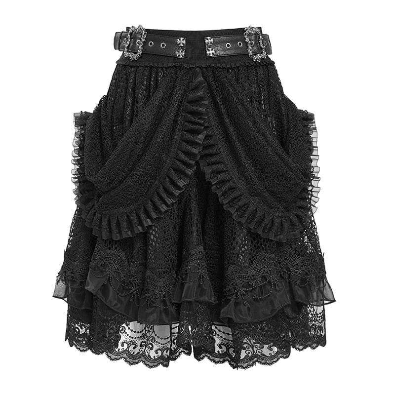 DEVIL FASHION Women's Gothic Buckle Strap Multilayer Hem Skirt Black