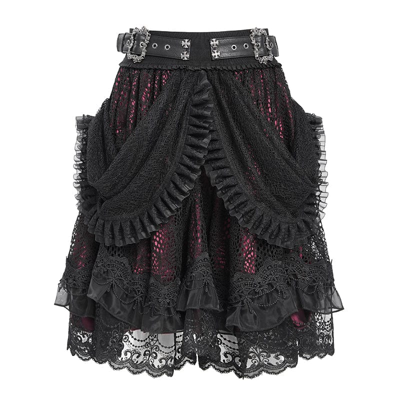 DEVIL FASHION Women's Gothic Buckle Strap Multilayer Hem Skirt Red