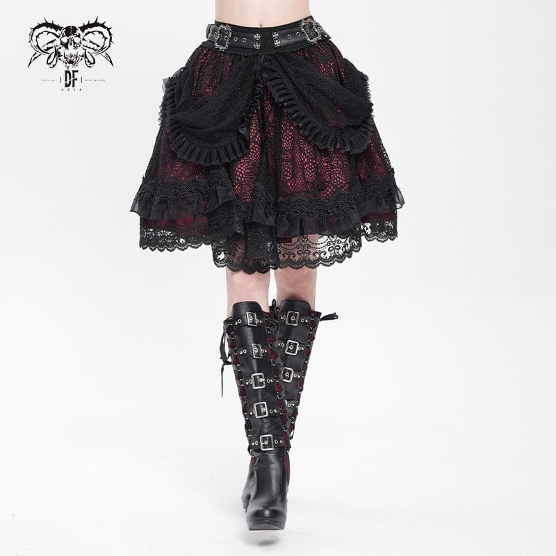 DEVIL FASHION Women's Gothic Buckle Strap Multilayer Hem Skirt Red