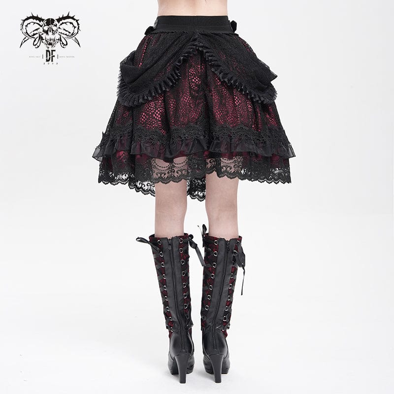 DEVIL FASHION Women's Gothic Buckle Strap Multilayer Hem Skirt Red