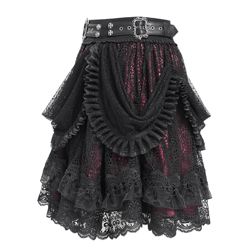 DEVIL FASHION Women's Gothic Buckle Strap Multilayer Hem Skirt Red
