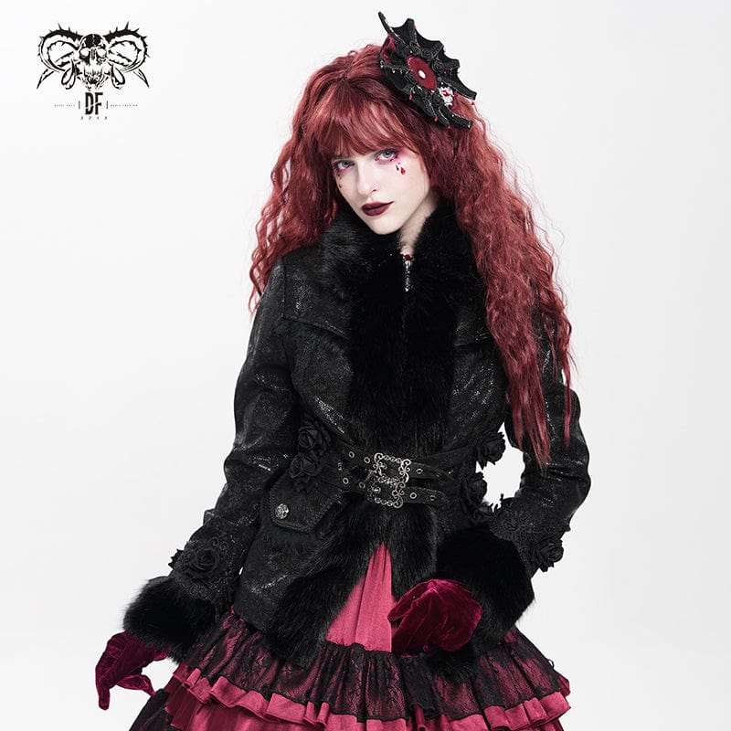 DEVIL FASHION Women's Gothic Buckle Strap Rose Floral Embroidered Coat