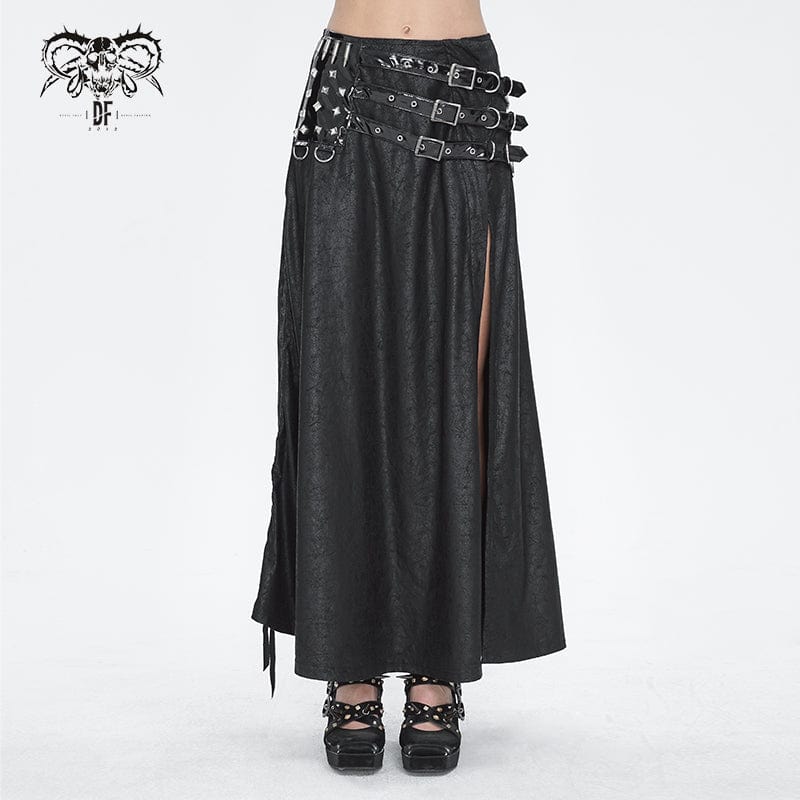 DEVIL FASHION Women's Gothic Buckle Stud Side Slit Long Skirt