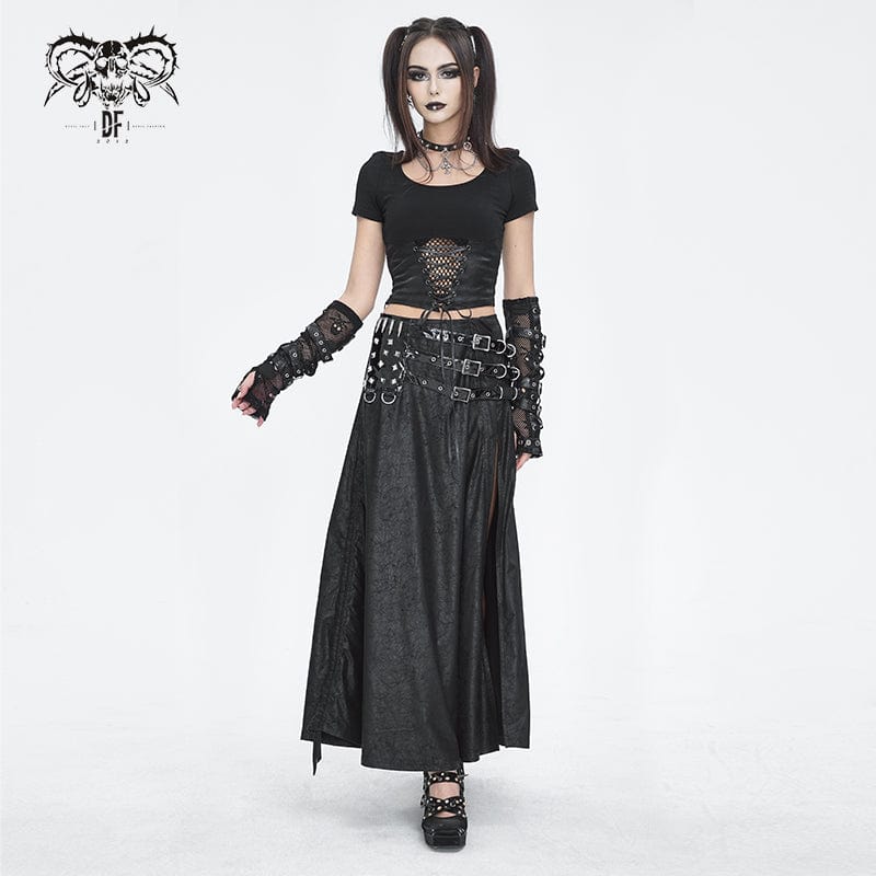 DEVIL FASHION Women's Gothic Buckle Stud Side Slit Long Skirt