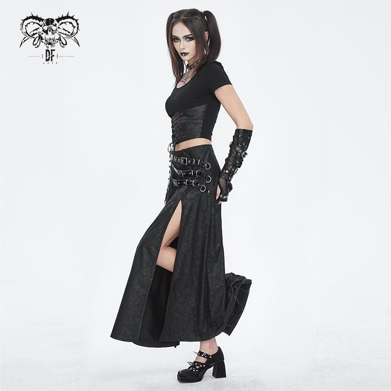DEVIL FASHION Women's Gothic Buckle Stud Side Slit Long Skirt