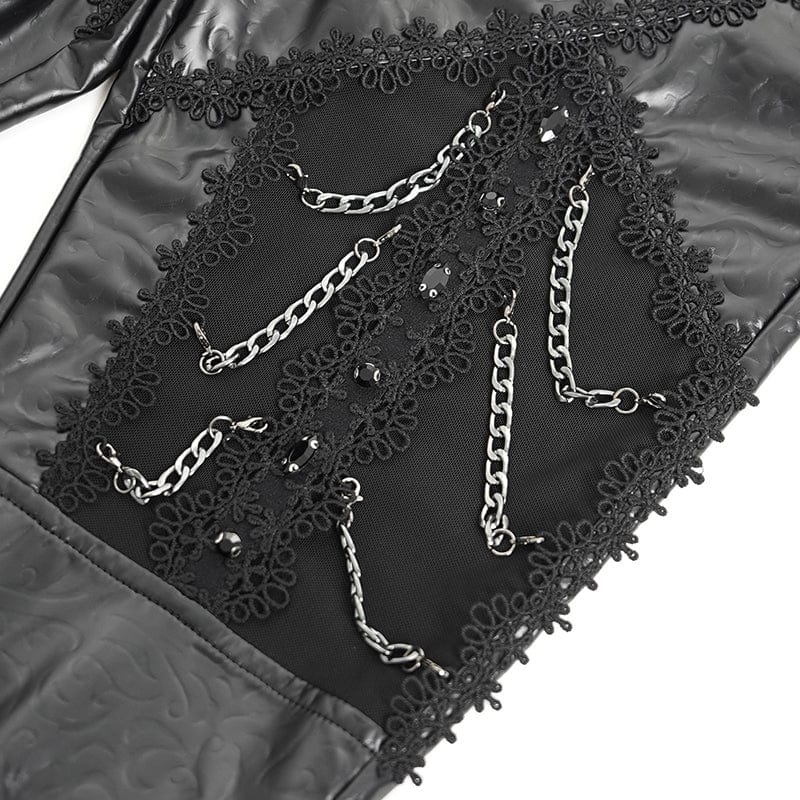 DEVIL FASHION Women's Gothic Chained Lace Splice Faux Leather Pants