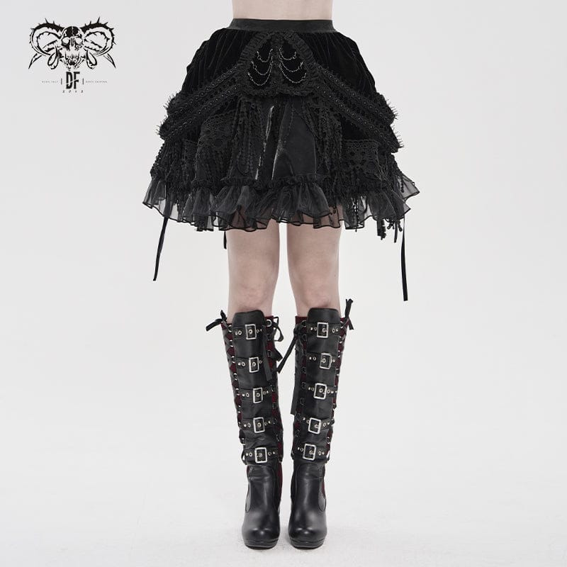 DEVIL FASHION Women's Gothic Chained Tassels Layered Short Skirt Black