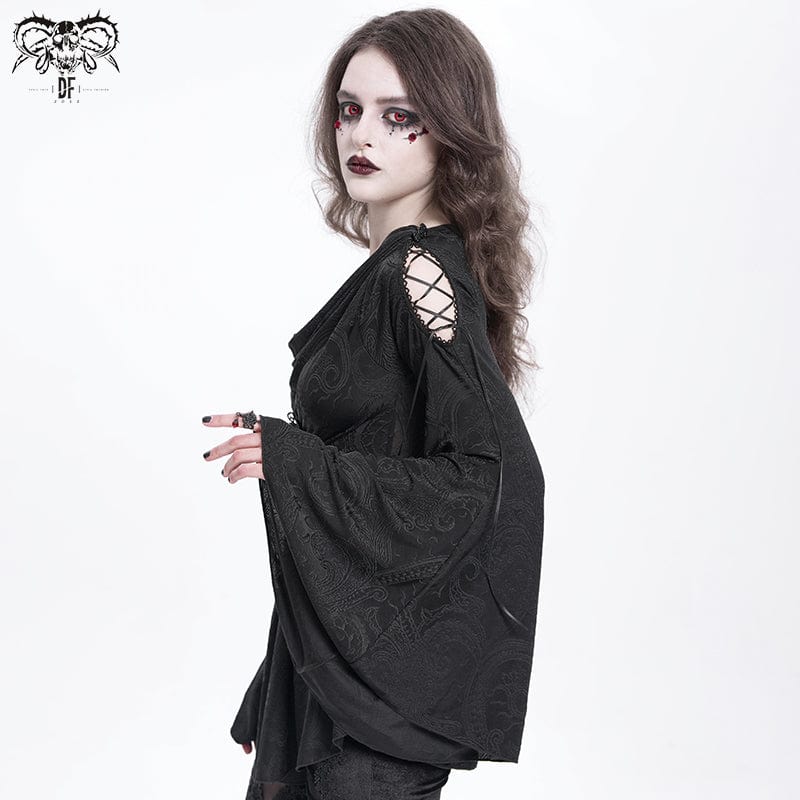 DEVIL FASHION Women's Gothic Cowl Neck Flared Sleeved Shirt