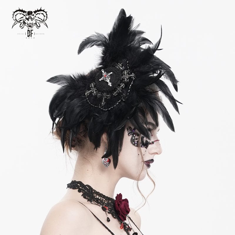 DEVIL FASHION Women's Gothic Cross Floral Crochet Feather Hair Clip Brooch Badge Holder