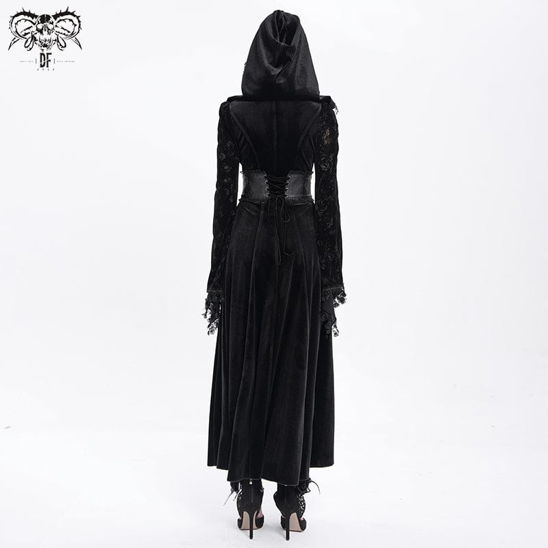 DEVIL FASHION Women's Gothic Cutout Flocking Velvet Coat with Hood Black