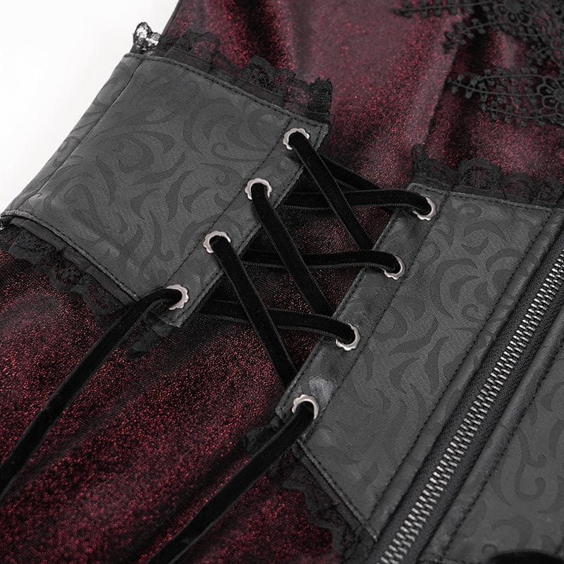 DEVIL FASHION Women's Gothic Cutout Flocking Velvet Coat with Hood Red