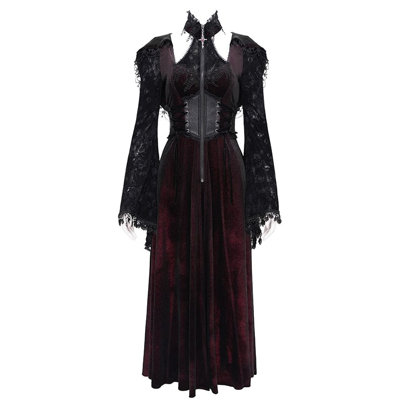 DEVIL FASHION Women's Gothic Cutout Flocking Velvet Coat with Hood Red