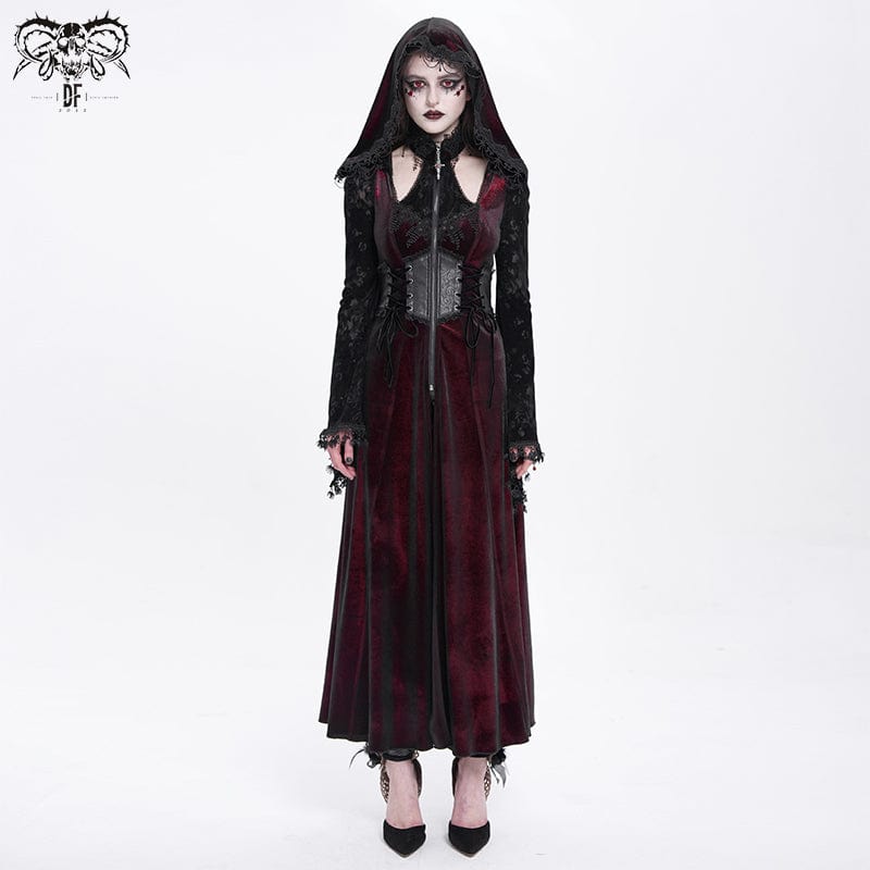 DEVIL FASHION Women's Gothic Cutout Flocking Velvet Coat with Hood Red