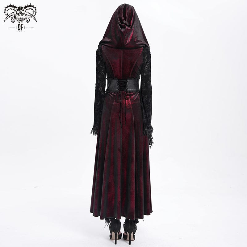 DEVIL FASHION Women's Gothic Cutout Flocking Velvet Coat with Hood Red