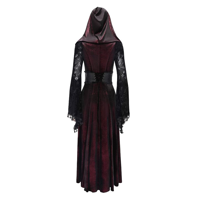 DEVIL FASHION Women's Gothic Cutout Flocking Velvet Coat with Hood Red