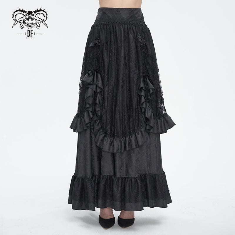 DEVIL FASHION Women's Gothic Drawstring Ruffled Lace Skirt
