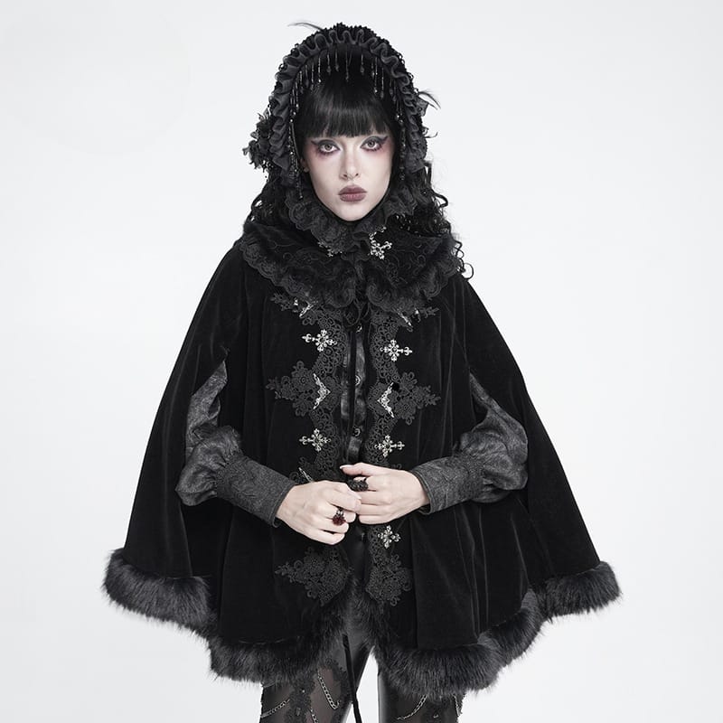 DEVIL FASHION Women's Gothic Embroidered Faux Fur Trim Velvet Cloak with Neckwear