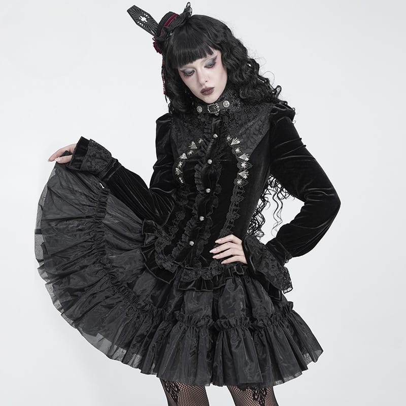 DEVIL FASHION Women's Gothic Embroidered Ruffled Stand Collar Long Sleeve Shirt Black