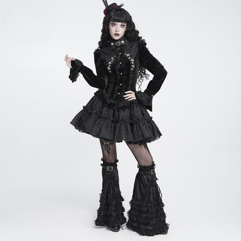 DEVIL FASHION Women's Gothic Embroidered Ruffled Stand Collar Long Sleeve Shirt Black