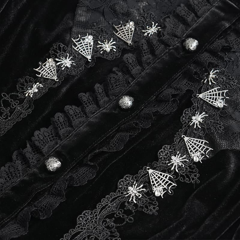 DEVIL FASHION Women's Gothic Embroidered Ruffled Stand Collar Long Sleeve Shirt Black