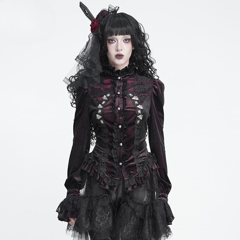 DEVIL FASHION Women's Gothic Embroidered Ruffled Stand Collar Long Sleeve Shirt Red