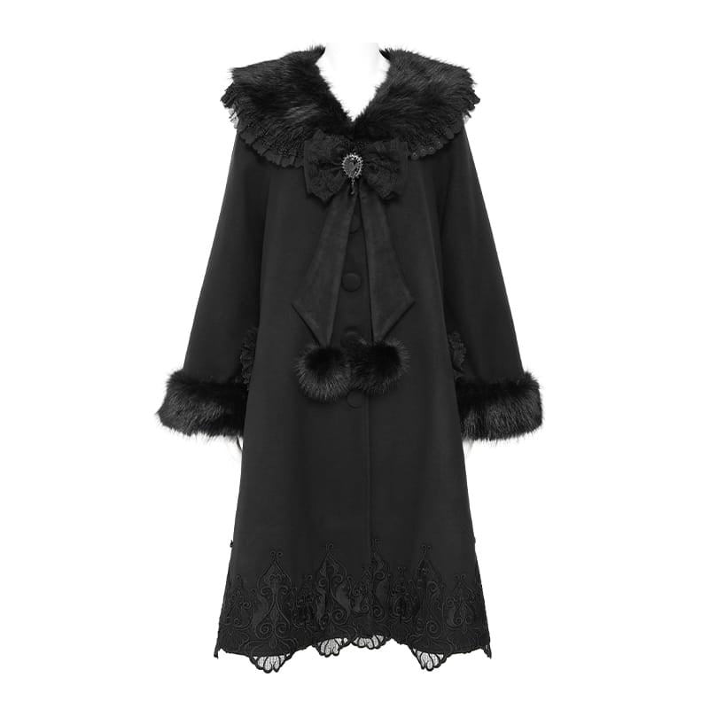 DEVIL FASHION Women's Gothic Faux Fur Collar Lace Embroidery Trim Long Coat with Detachable Bowknot