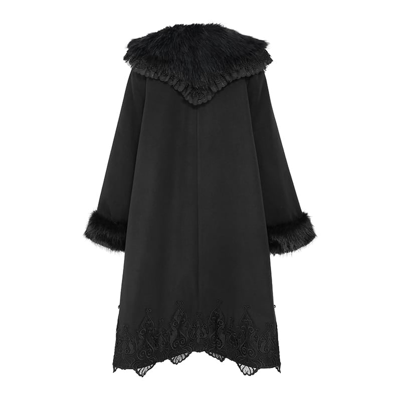 DEVIL FASHION Women's Gothic Faux Fur Collar Lace Embroidery Trim Long Coat with Detachable Bowknot