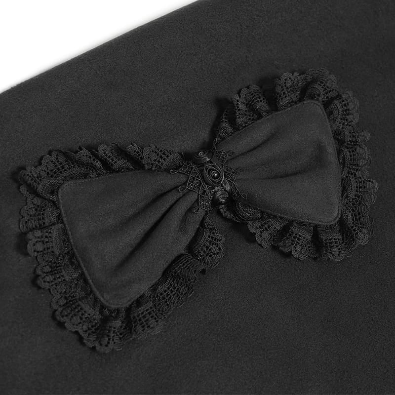 DEVIL FASHION Women's Gothic Faux Fur Collar Lace Embroidery Trim Long Coat with Detachable Bowknot