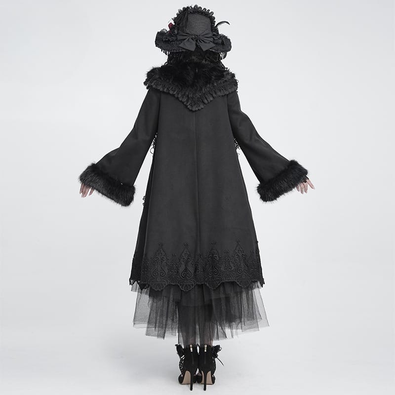 DEVIL FASHION Women's Gothic Faux Fur Collar Lace Embroidery Trim Long Coat with Detachable Bowknot