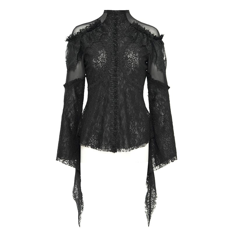 DEVIL FASHION Women's Gothic Flared Sleeved Beaded Lace Splice Shirt Black