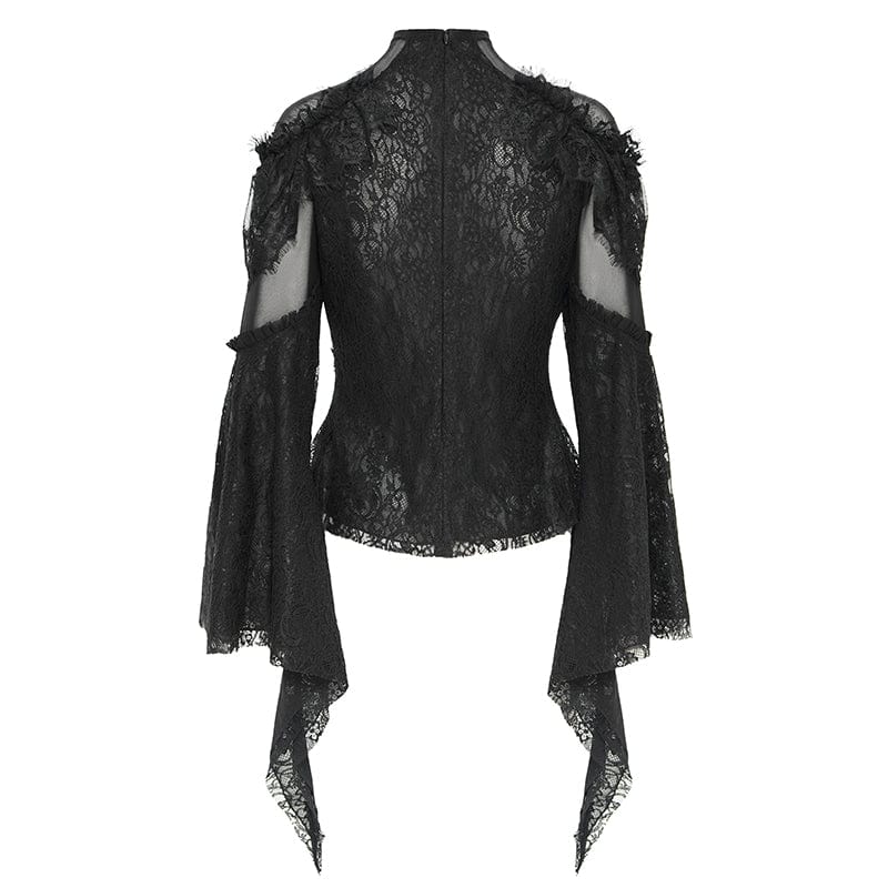 DEVIL FASHION Women's Gothic Flared Sleeved Beaded Lace Splice Shirt Black