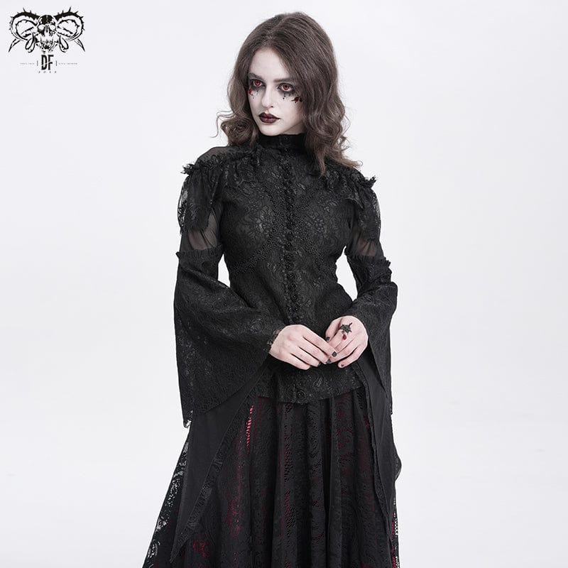 DEVIL FASHION Women's Gothic Flared Sleeved Beaded Lace Splice Shirt Black