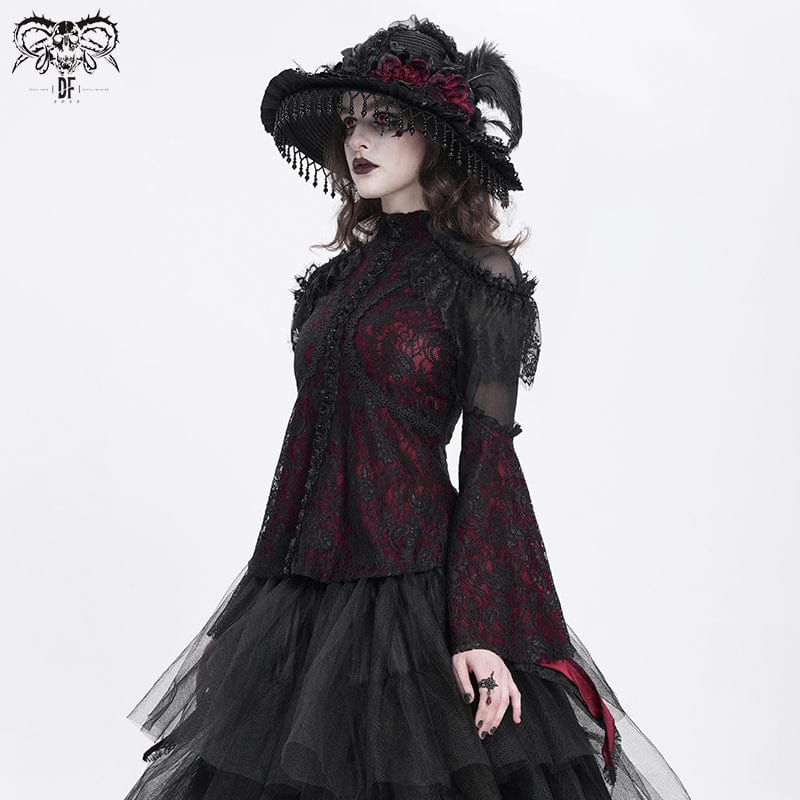 DEVIL FASHION Women's Gothic Flared Sleeved Beaded Lace Splice Shirt Red