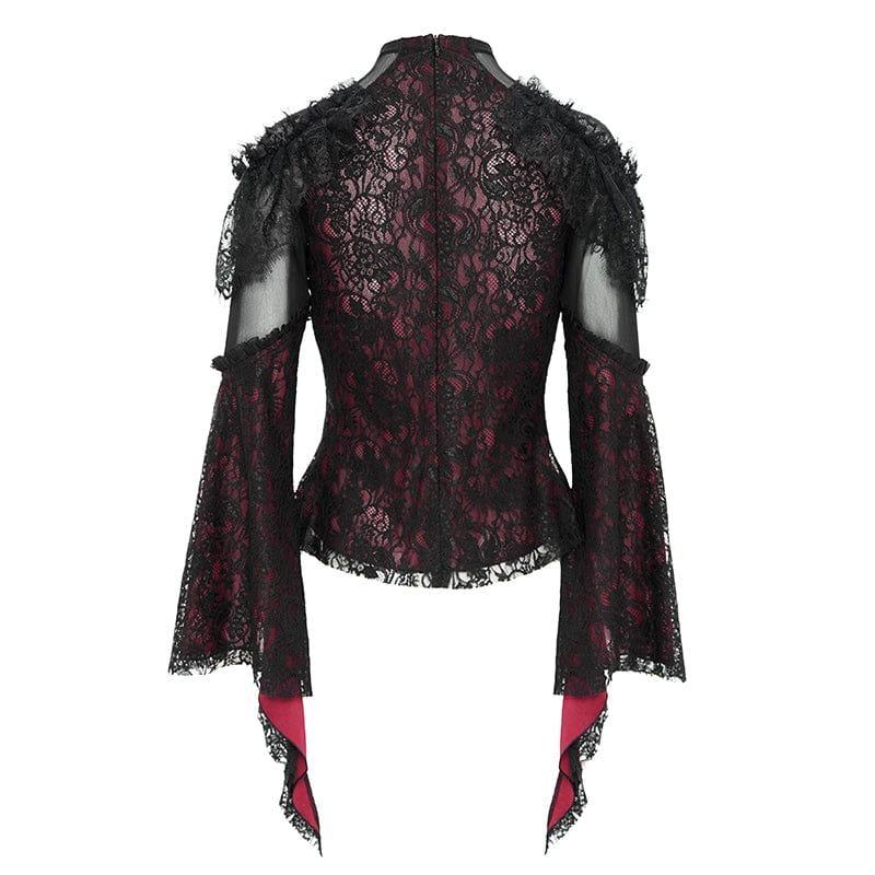 DEVIL FASHION Women's Gothic Flared Sleeved Beaded Lace Splice Shirt Red